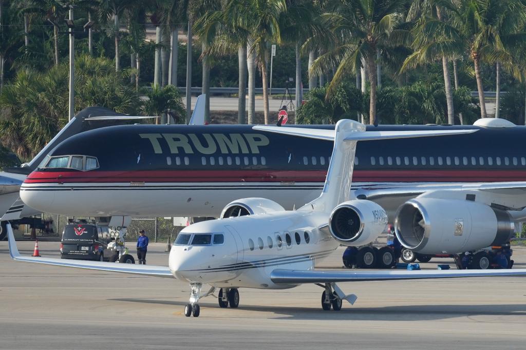 Trump's private plane sits parked on the tarmac at Palm Beach International Airport on April 3, 2023.