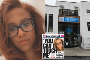 Picture of a Dulaina Almonte at left, the front of a school building on the right and the cover of The Post that says, "You can't touch me," inset.