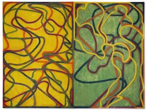 A green and yellow painting of what looks like lines of string