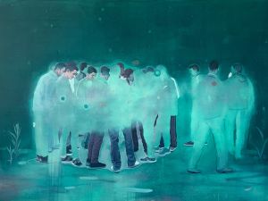 A painting of grouped up people in varying shades of blue