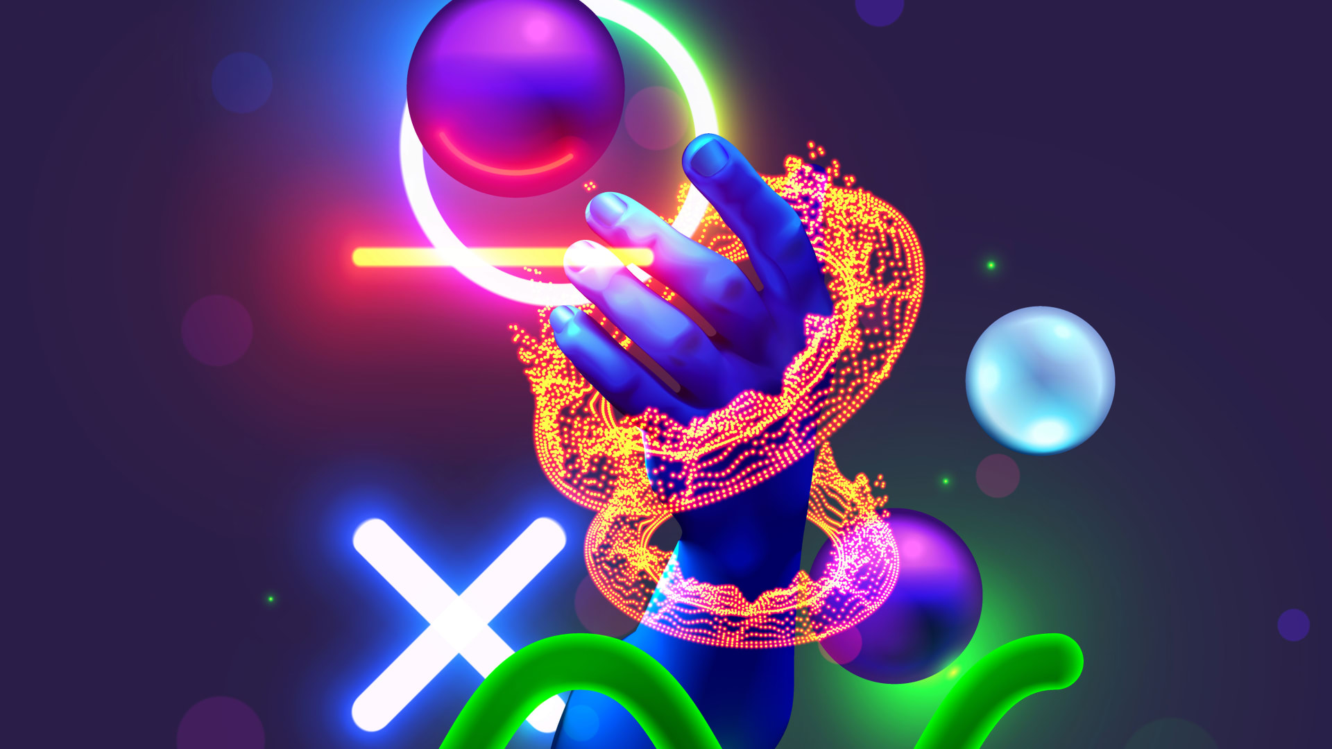 Hand surrounded by colourful abstract shapes