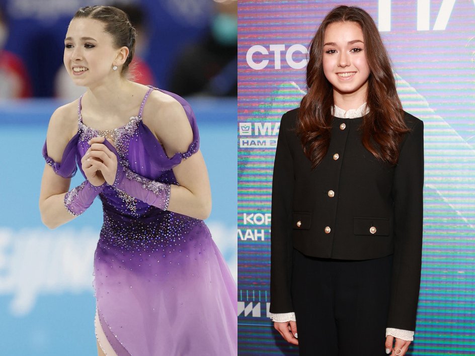 Камила Валиева на Олимпиаде в 2022 году (слева) и на премьера сериала «Короче, план такой» в 2023 году (справа)