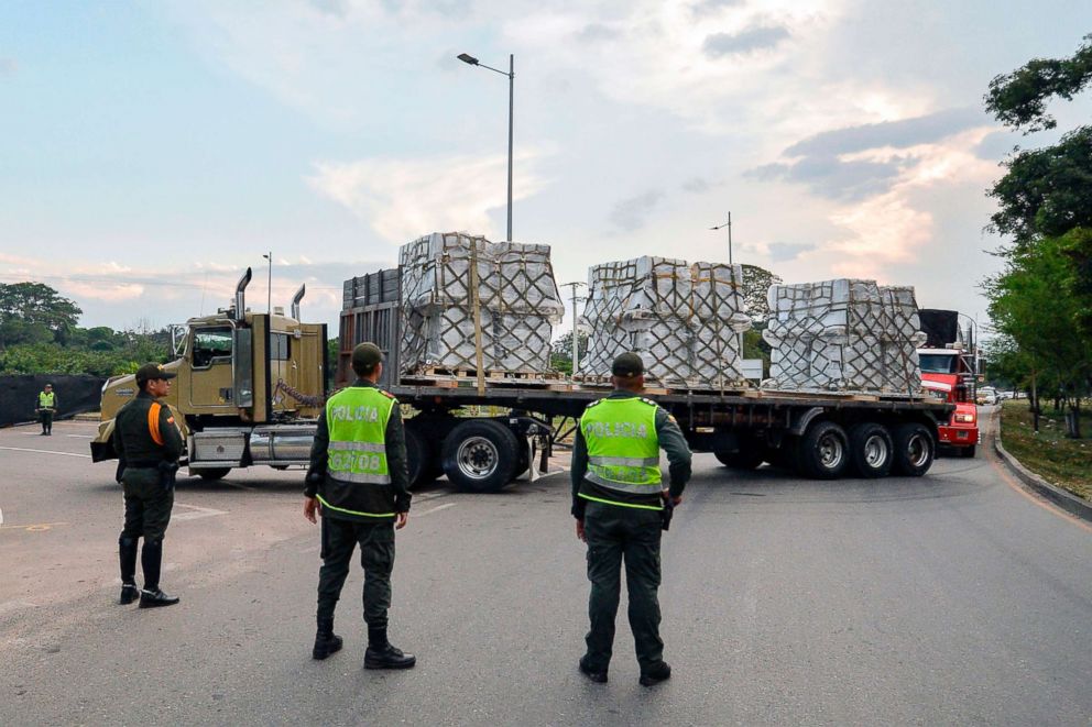 PHOTO: Trucks loaded with humanitarian aid for Venezuela drive towards the Tienditas Bridge in Cucuta, Colombia, on the border with Tachira, Venezuela, Feb. 16, 2019.