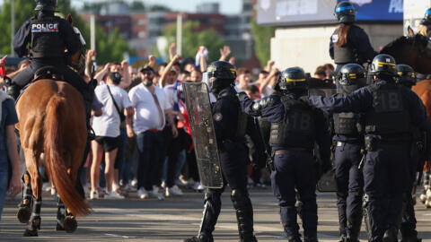 Mounted French Police and CRS riot police officers patrol outside the Stade Pierre-Mauroy on May 25, 2024.