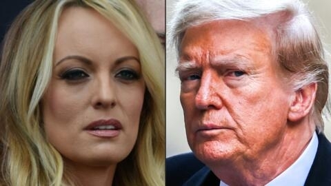 Stormy Daniels (L.) took the witness stand in a New York court on May 7, 2024, at Donald Trump's hush money trial.