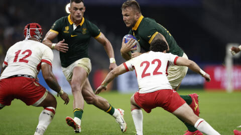 Rugby Union - Rugby World Cup 2023 - Pool B - South Africa v Tonga - Orange Velodrome, Marseille, France - October 1, 2023 South Africa's Andre Esterhuizen in action with Tonga's Patrick Pellegrini.