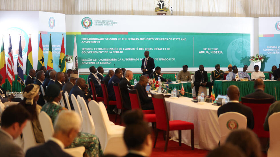 Economic Community of West African States (ECOWAS) leaders are seen during a crisis summit in Nigeria's capital of Abuja on July 30, 2023 following the coup in neighbouring Niger.