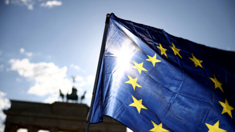 EU flag flutters during a protest for democracy Germany on May 5, 2024.