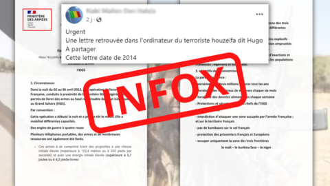 Cette lettre apparue sur les réseaux sociaux, et attribuée au ministère français des Armées est un faux.
