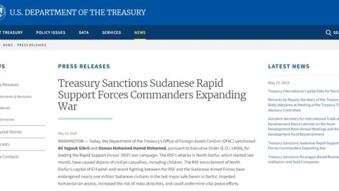 Le site du Trésor américain annonçant des sanctions contre deux commandants des Forces de soutien rapide au Soudan.