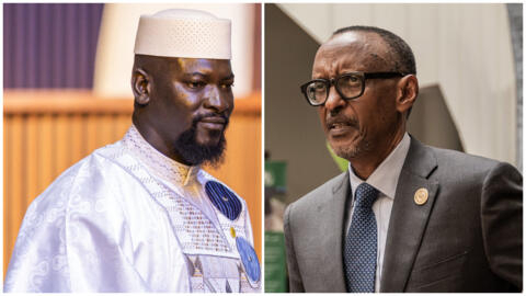 La président de la transition en Guinée, Mamadi Doumbouya (à gauche) et le chef de l'État rwandais, Paul Kagame (à droite).