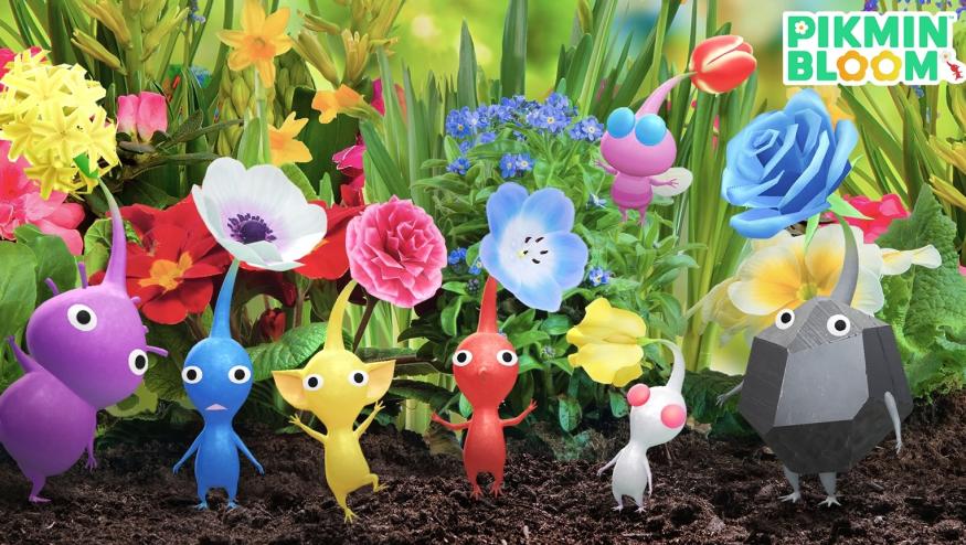 Seven Pikmin — Purple, Blue, Yellow, Red, White, Pink (flying) and Rock — are pictured standing in grass among flowers