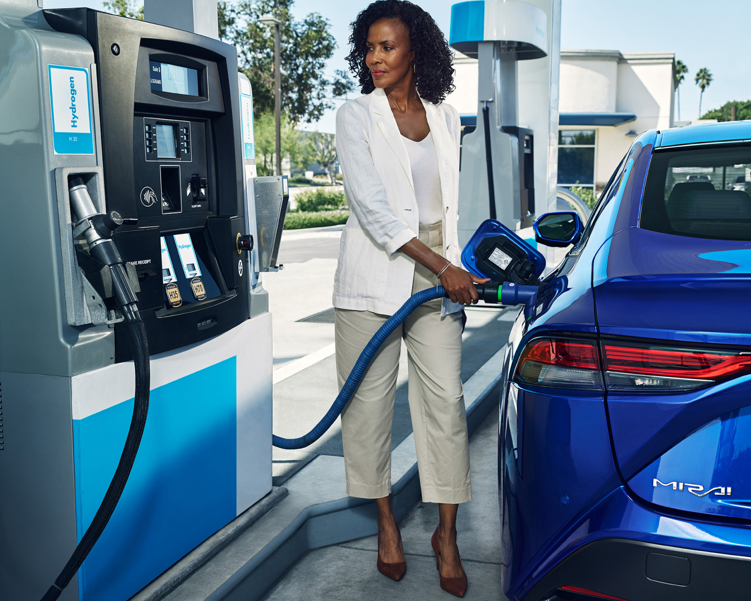Mirai XLE shown in Hydro Blue at charging station