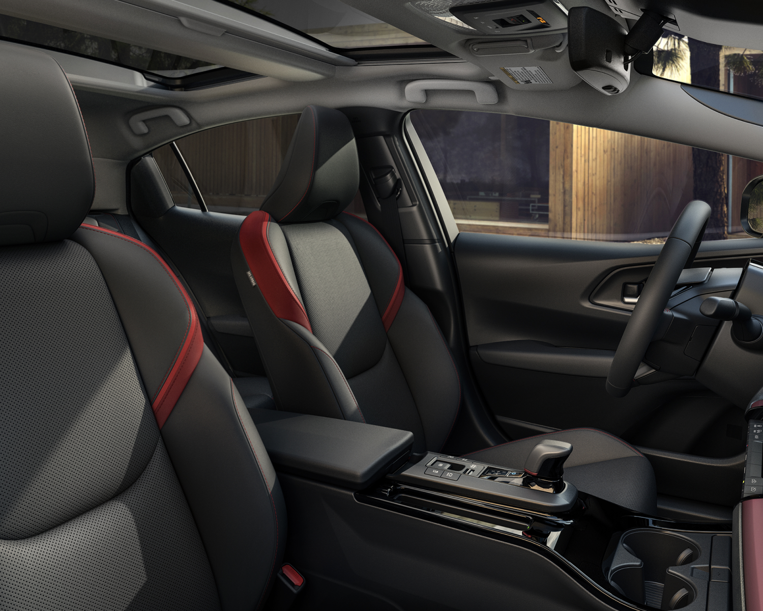 Prius Prime XSE Premium interior shown in Black/Red SofTex®