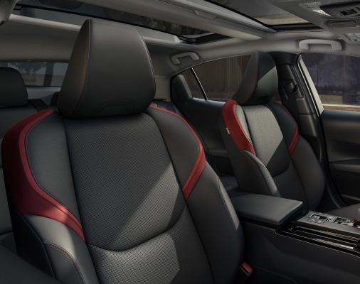 Prius Prime XSE Premium interior shown in Black/Red SofTex®