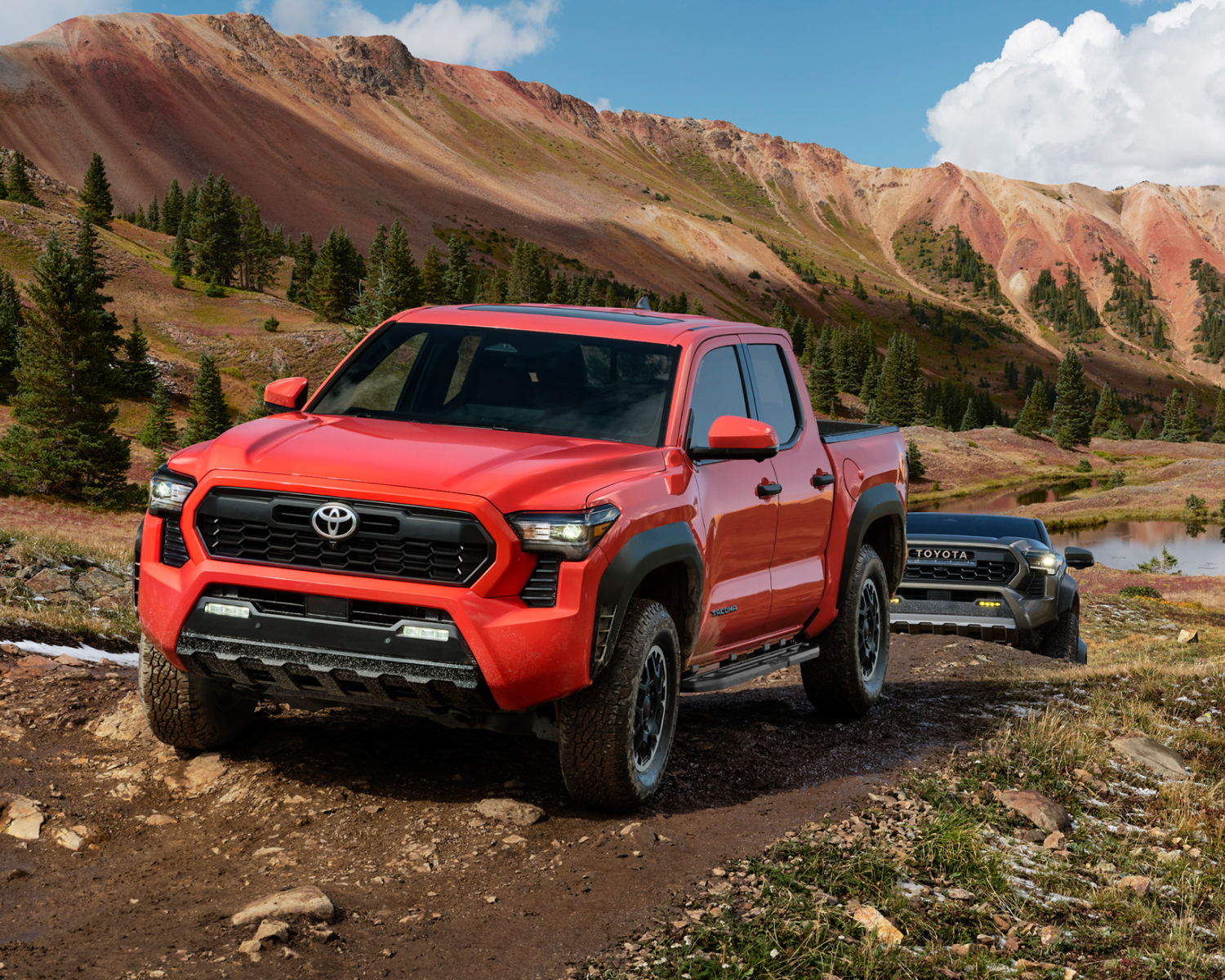 Tacoma TRD Off-Road Premium shown in Solar Octane and Tacoma Hybrid Trailhunter shown in Oxide Bronze