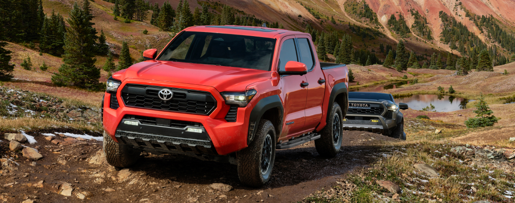 Tacoma TRD Off-Road Premium shown in Solar Octane and Tacoma Hybrid Trailhunter shown in Oxide Bronze
