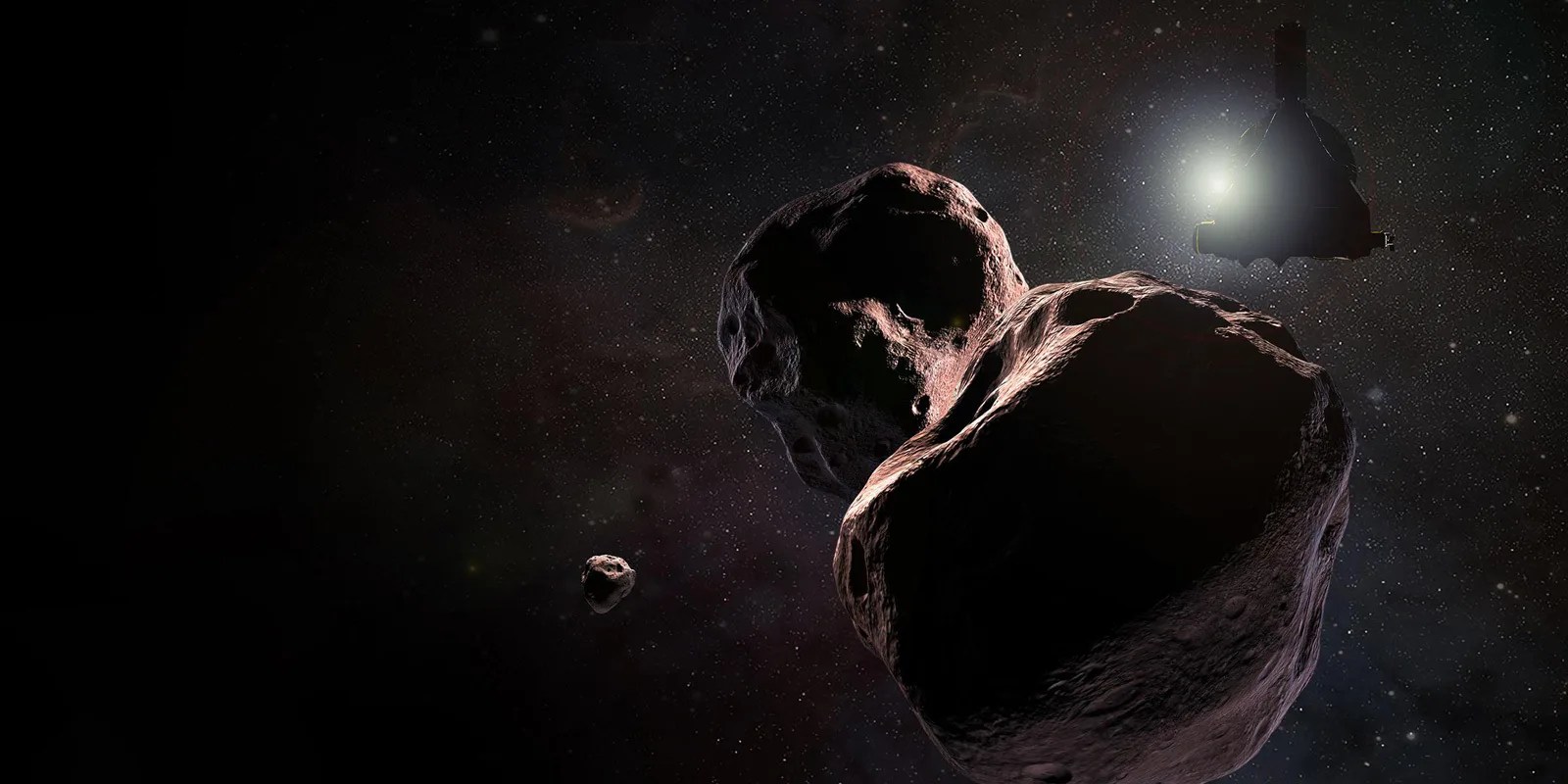 Illustration of spacecraft near a giant space rock far from the Sun.