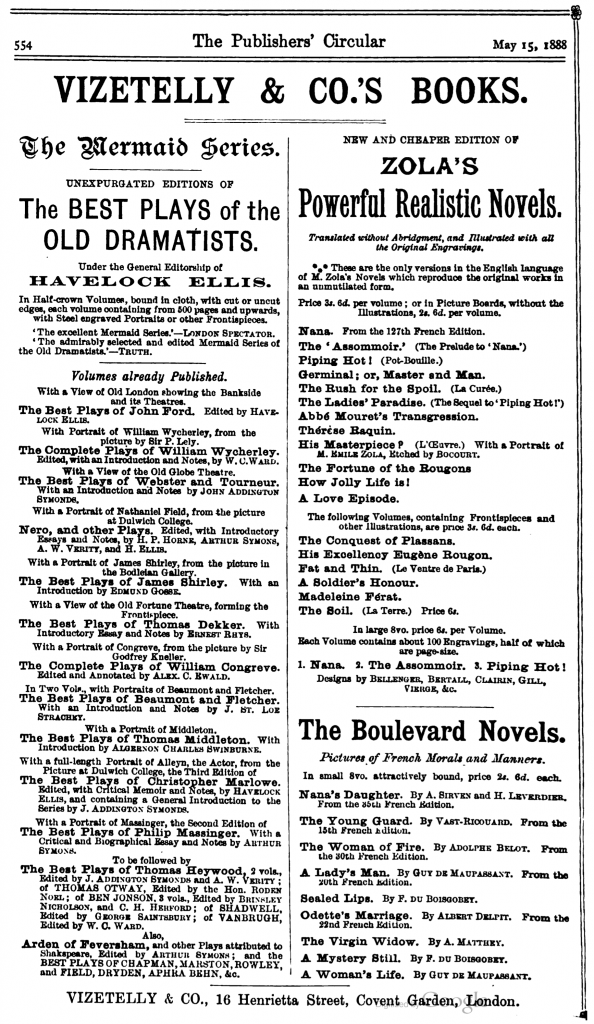Advertisement for the Viztelly original editions of the Mermaid Series, The Publishers' Circular and General Record of British and Foreign Literature, Volume 51, 1888.