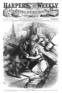 This Harper’s Weekly illustration of Wall Street after the Panic of 1873 shows President Grant helping America, depicted as the woman on the right, escape from urban rubble.