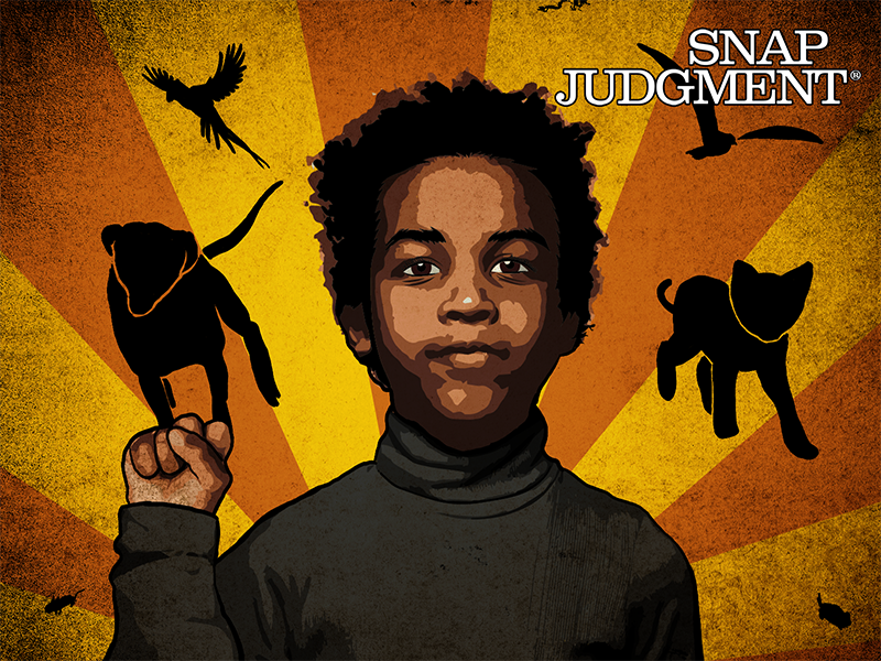A young boy holding up his right hand in a fist, silhouettes of animals are in the background.