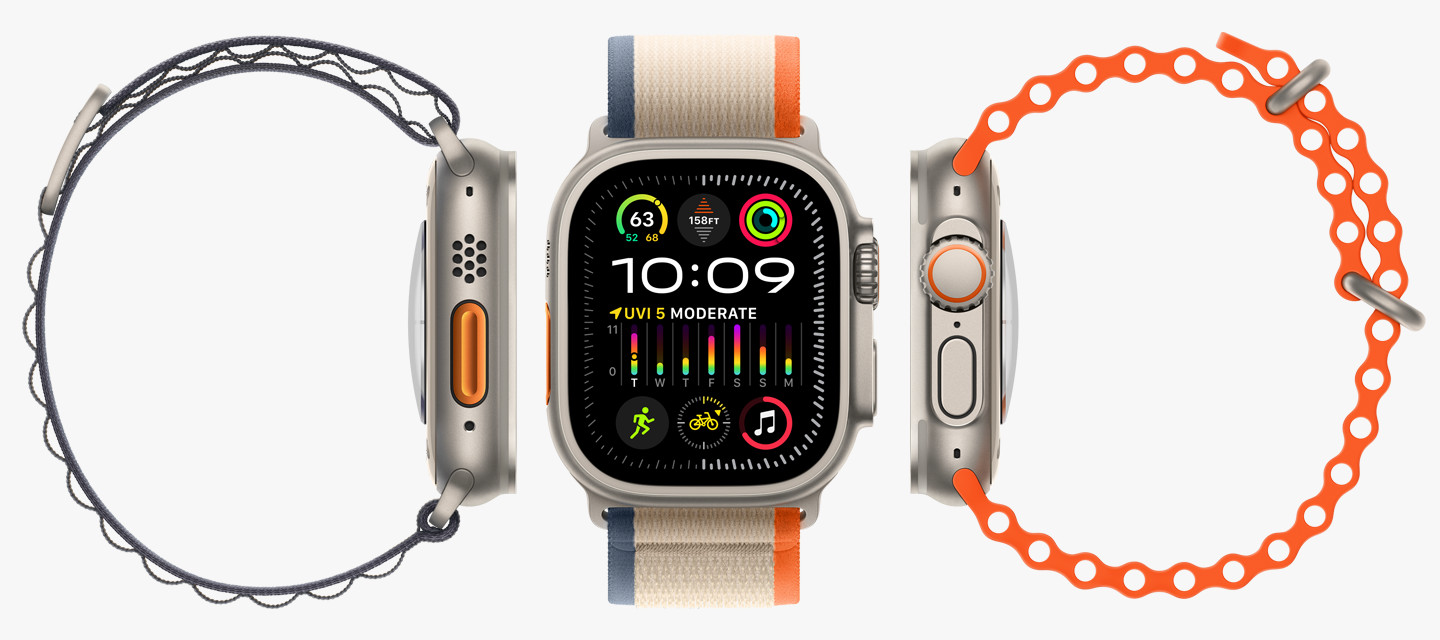 Tre Apple Watch Ultra-enheter viser de ulike remmene.