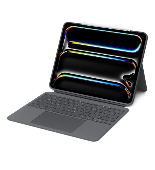 Vista horizontal del teclado y el iPad Pro con el soporte en uso