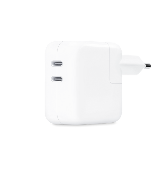 El adaptador de corriente con dos puertos USB‑C de 35 vatios te permite cargar dos dispositivos a la vez.