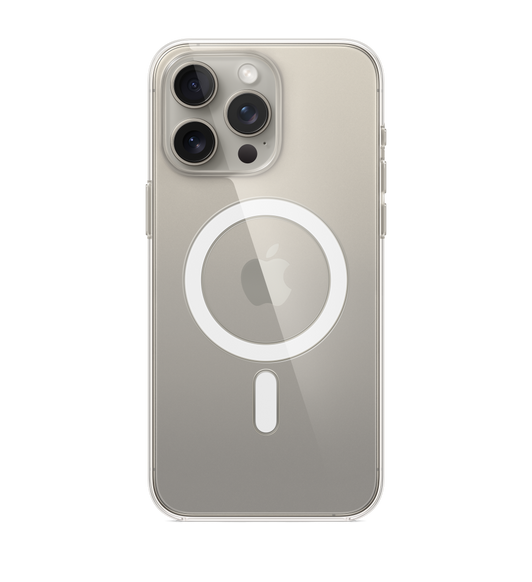 Un iPhone 15 Pro Max in titanio naturale con la custodia MagSafe trasparente.