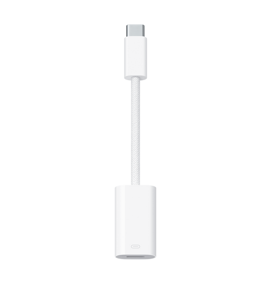 Adaptador de USB-C a Lightning, conector USB-C, cable trenzado y puerto Lightning.