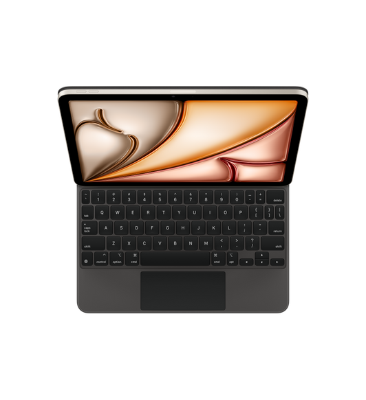 Beyaz metinli siyah tuşlara, ters döndürülmüş T biçiminde ok tuşlarına, yerleşik trackpad’a sahip Magic Keyboard’a takılı iPad Air, Siyah