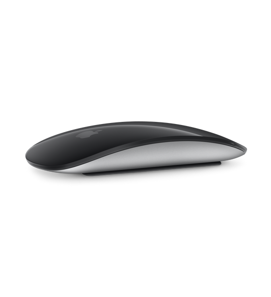 Image d’une Magic Mouse noire montrant son design incurvé et sa surface Multi-Touch.
