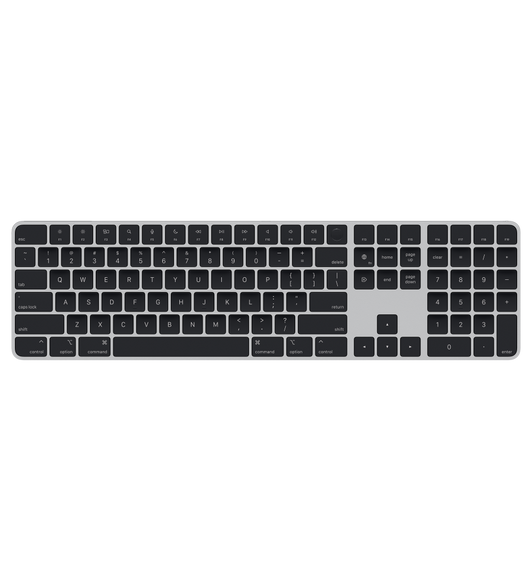 Magic Keyboard noir avec pavé numérique, touches fléchées en T inversé et touches Page précédente et Page suivante.