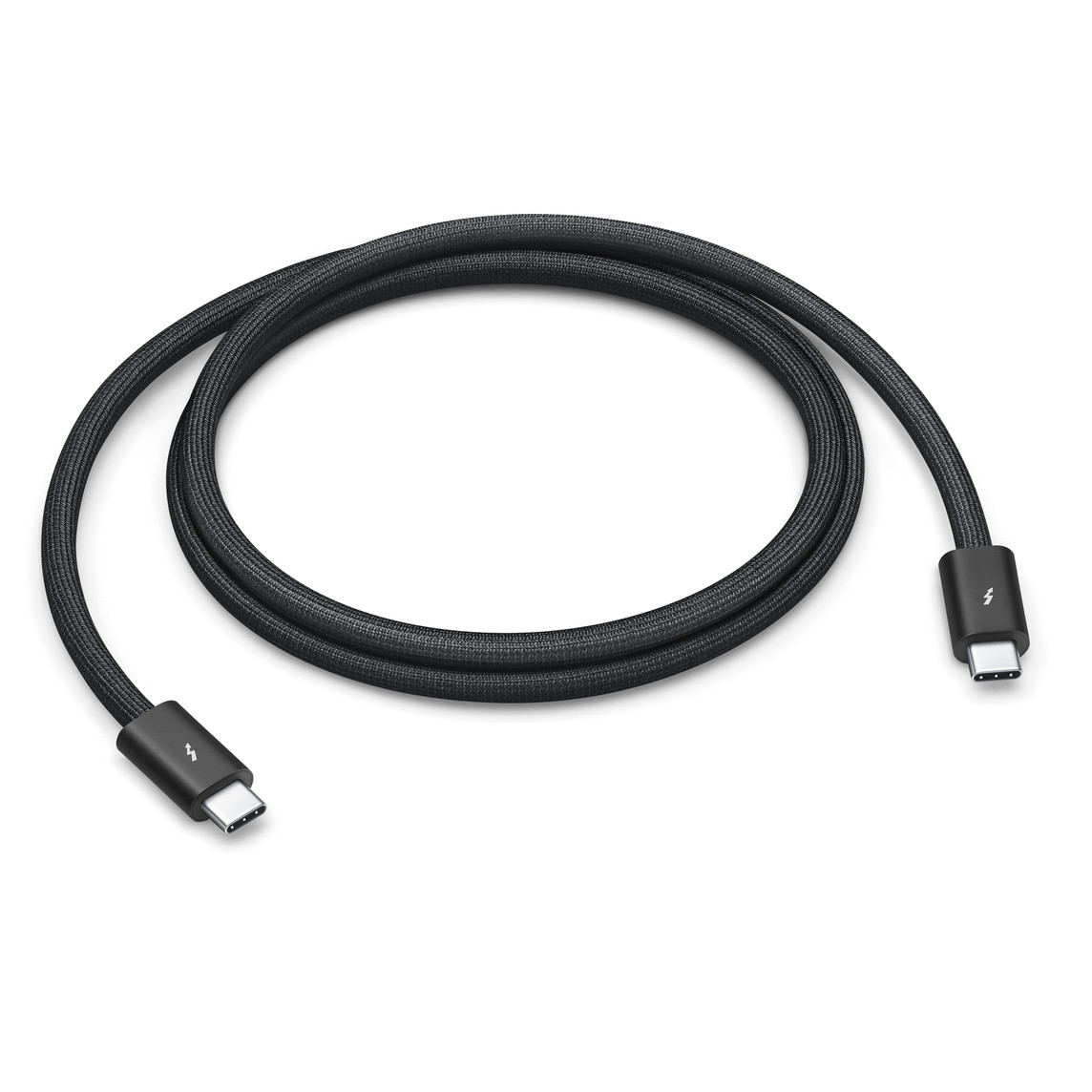 Thunderbolt 4 Pro Cable (1 meter) features a black braided design that coils without tangling, and can transfer data at up to 40 gigabytes per second.