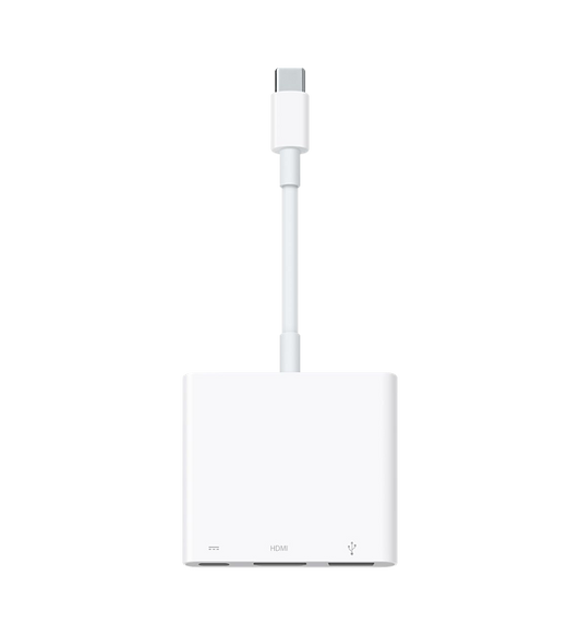 El adaptador multipuerto de USB-C a AV digital te permite conectar tu Mac o iPad con puerto USB-C a un monitor HDMI, además de un dispositivo USB estándar y un cable de carga USB-C.