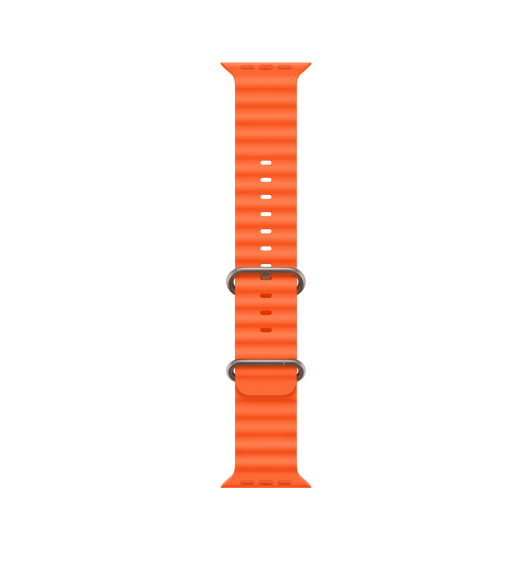 橙色海洋表带，展示孔链式结构、模制高性能氟橡胶材质以及钛金属表扣。