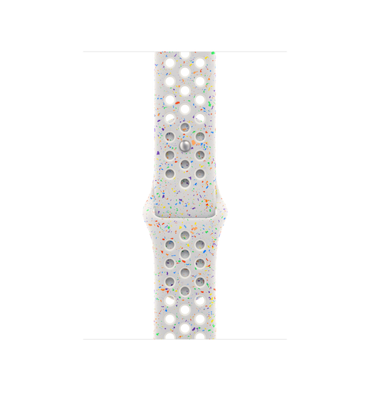 白金色 (白色) Nike 运动表带，采用顺滑的氟橡胶材质并具有确保透气性的气孔，搭配按扣加收拢式表扣。 