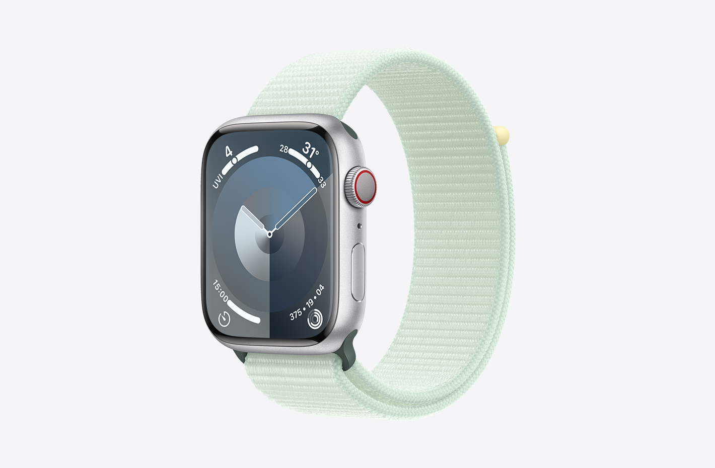 Apple Watch vỏ Nhôm Màu Bạc có bề mặt nhám và hình ảnh nhìn nghiêng của Dây Quấn Thể Thao Màu Bạc Hà Nhạt (màu xanh lá), có nút cài băng dính dán và kiểu bện nylon hai lớp