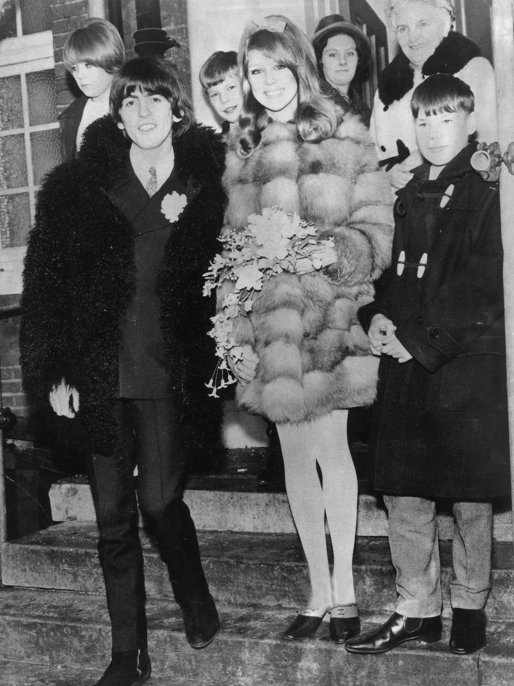 Pattie Boyd wearing a Quant ensemble at her wedding to George Harrison in 1966