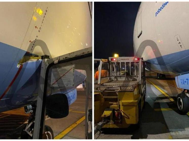 В сочинском аэропорту тягач с тележками врезался в самолет
