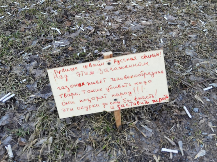 В Новосибирске на газоне рядом с кучей окурков заметили табличку с оскорблением русских