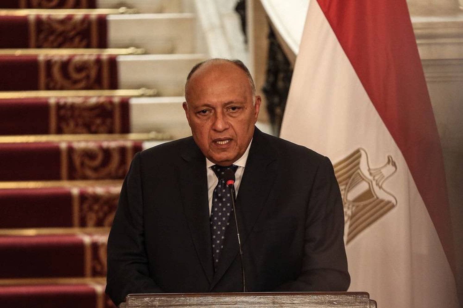 18 March 2023, Egypt, Cairo: Egyptian Foreign Minister Sameh Shoukry speaks during a press conference at Tahrir Palace. (dpa)