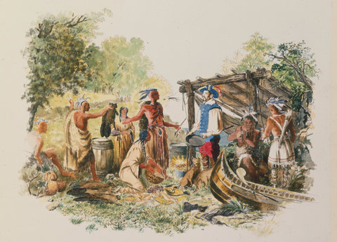 A contemporary illustration showing Juan Rodriguez (holding pan) establishing a trading post with Native Americans on Manhattan Island in 1613.