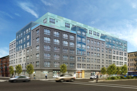 A rendering of the Lafayette, an apartment building on Adam Clayton Powell Jr. Boulevard that is to replace the Williams Institutional C.M.E. Church and its adjacent Bell Center. A large cross on the ground floor marks the entrance to the church's new space.