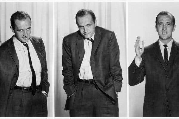 Three black-and-white photos of a man in a suit with a skinny tie. From left: he holds his right hand in the air, he puts both hands in his pockets, he holds both hands out.