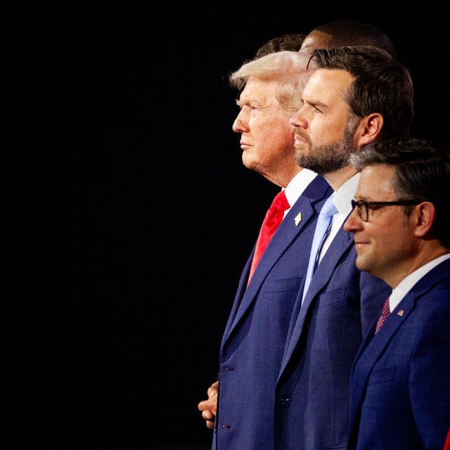 Donald Trump and JD Vance in profile, standing next to each other against a black background.
