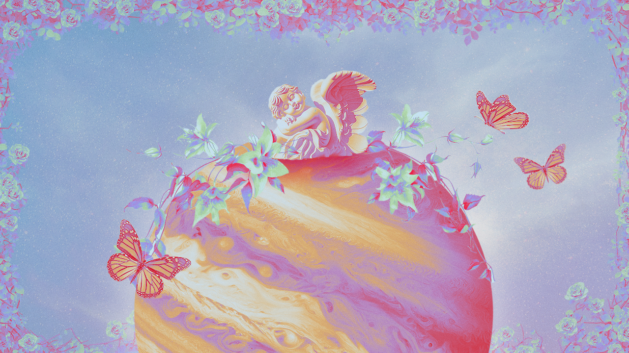 Planet Jupiter surrounded by flowers, butterflies, and angels, because Jupiter is entering Gemini in your May 2024 horoscope