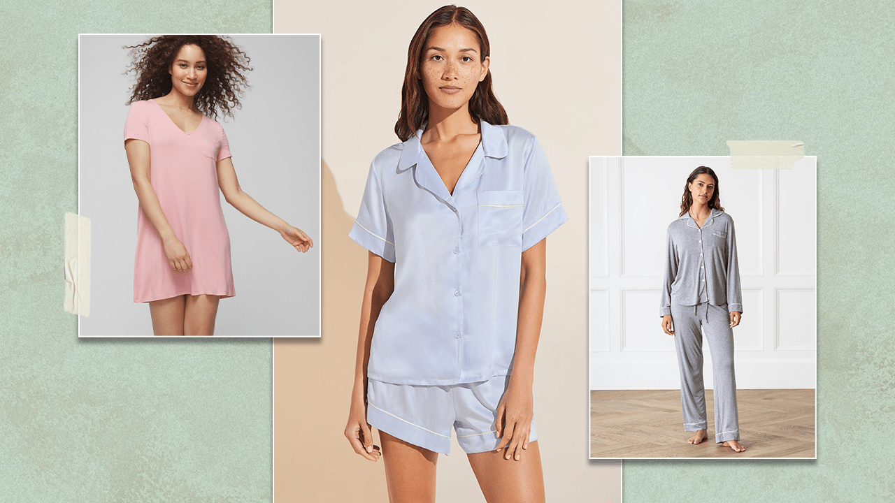 Summer Pajamas For Women - Soma pink pajama dress; Eberjey blue short-sleeve pajama set; Cozy Earth grey long-sleeve pajama set