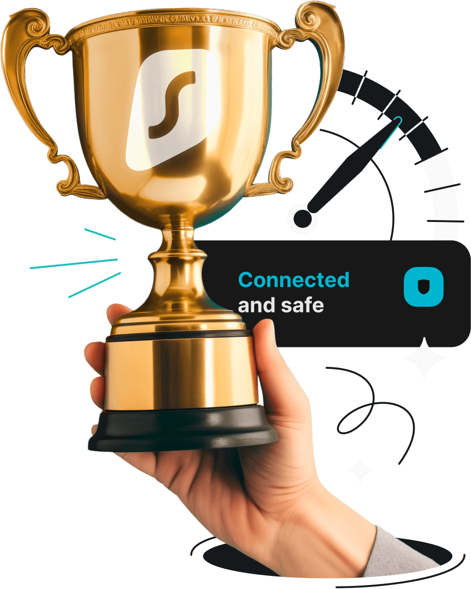A hand holding a gold trophy with Surfshark logo on it. A connected and safe message is in the background.