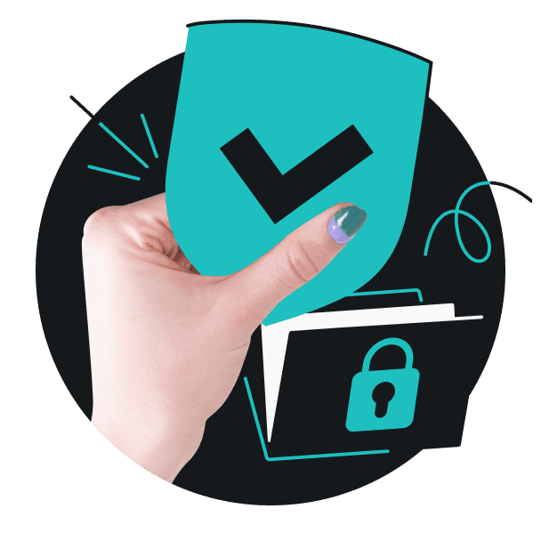 A hand holding a teal shield with a black checkmark and a folder with a padlock in the background.